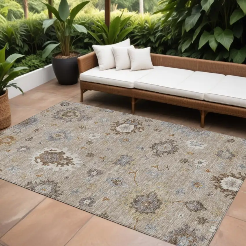 Taupe Silver And Gray Floral Washable Indoor Outdoor Area Rug Photo 1