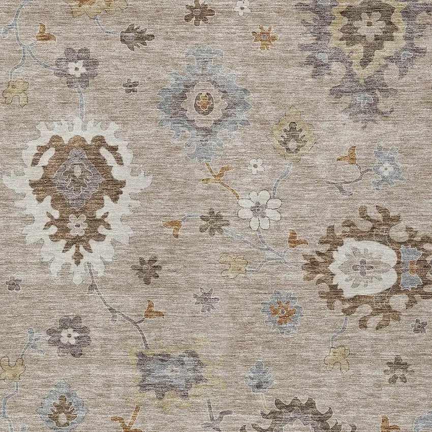 Taupe Silver And Gray Floral Washable Indoor Outdoor Area Rug Photo 5