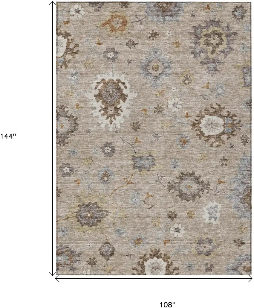Taupe Silver And Gray Floral Washable Indoor Outdoor Area Rug Photo 8