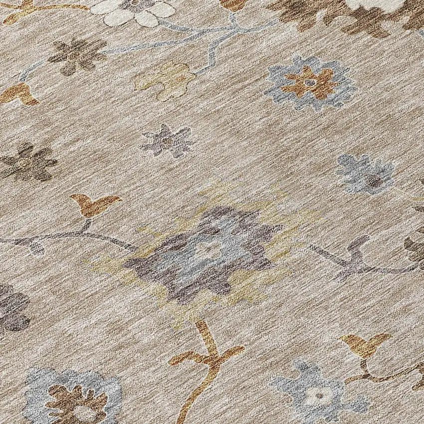 Taupe Silver And Gray Floral Washable Indoor Outdoor Area Rug Photo 4