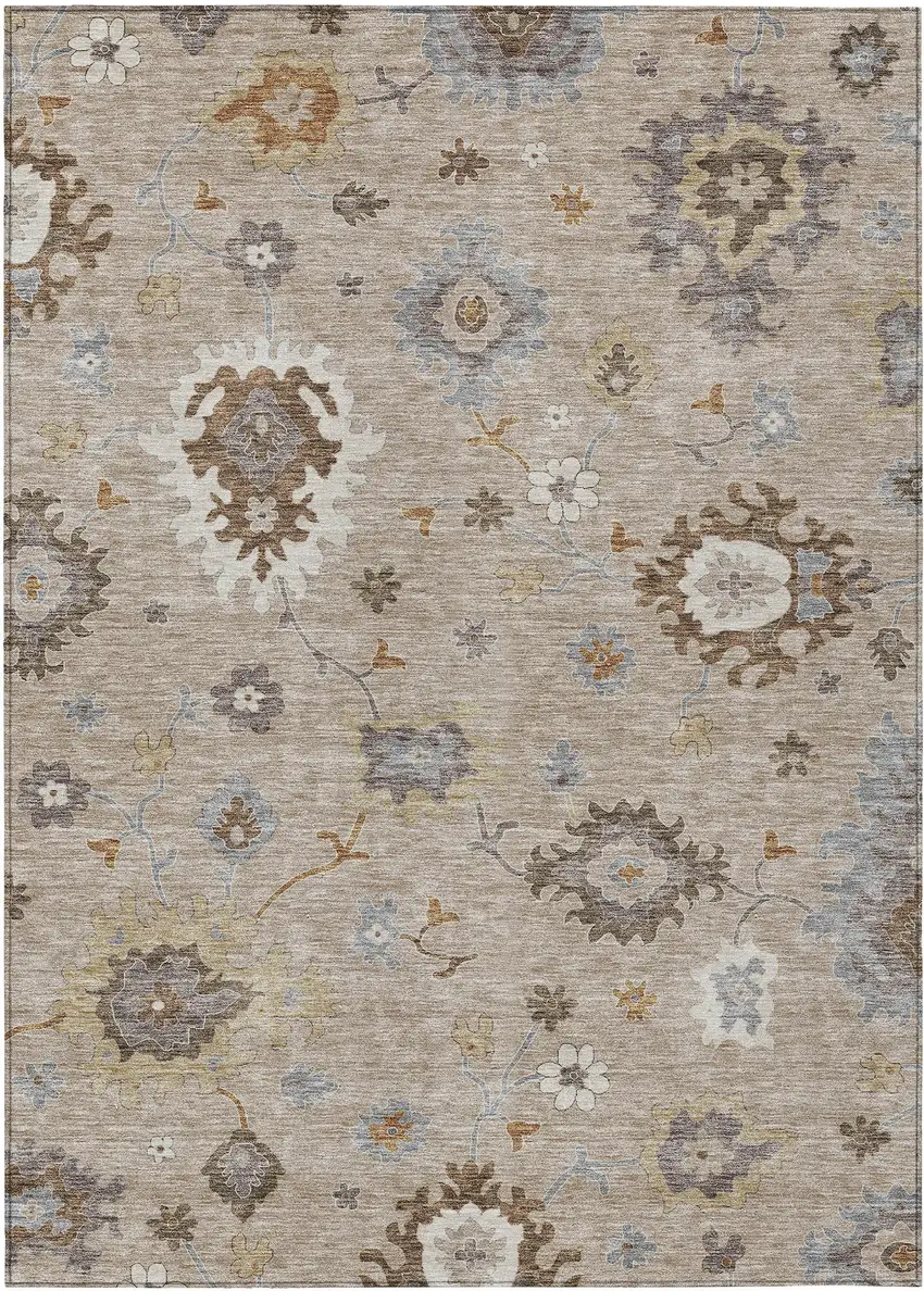 Taupe Silver And Gray Floral Washable Indoor Outdoor Area Rug Photo 1