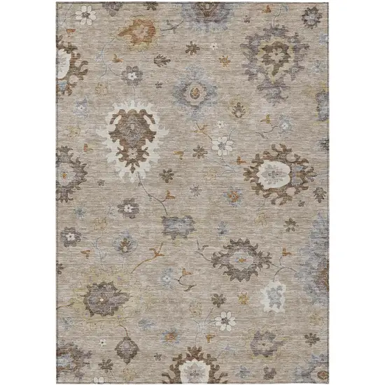 Taupe Silver And Gray Floral Washable Indoor Outdoor Area Rug Photo 1