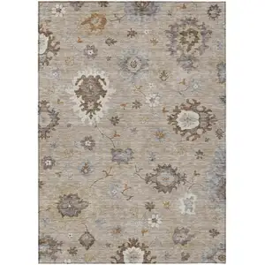 Photo of Taupe Silver And Gray Floral Washable Indoor Outdoor Area Rug