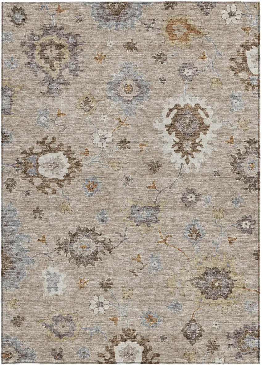 Taupe Silver And Gray Floral Washable Indoor Outdoor Area Rug Photo 7