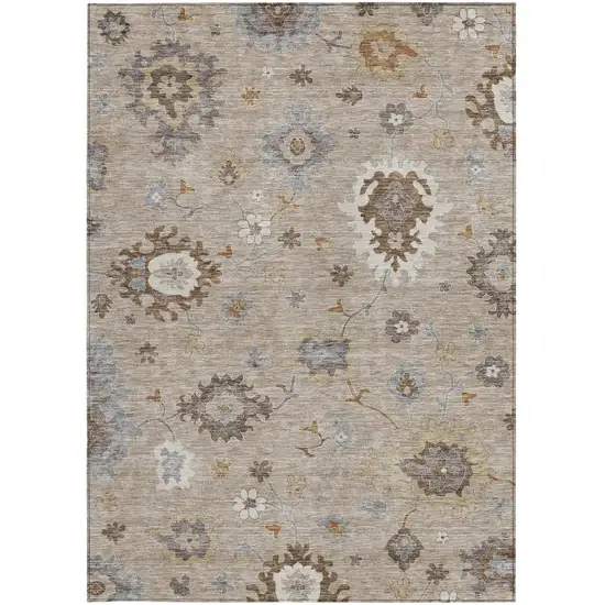 Taupe Silver And Gray Floral Washable Indoor Outdoor Area Rug Photo 7