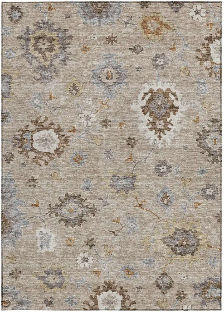 Taupe Silver And Gray Floral Washable Indoor Outdoor Area Rug Photo 7