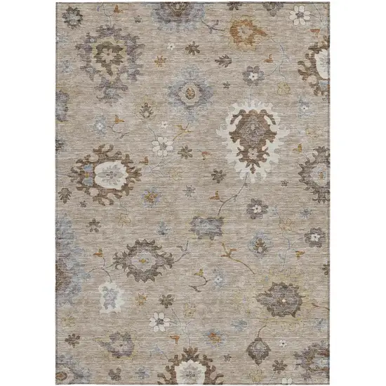Taupe Silver And Gray Floral Washable Indoor Outdoor Area Rug Photo 7