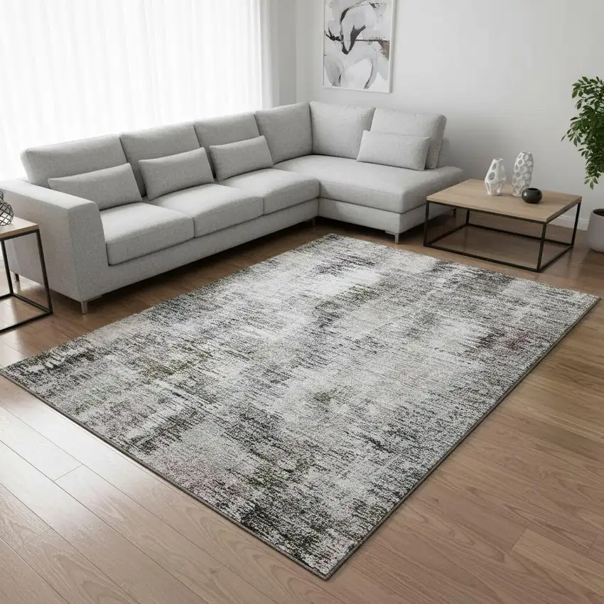 Taupe Silver And Purple Abstract Washable Area Rug With UV Protection Photo 2