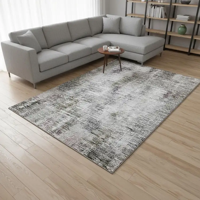 Taupe Silver And Purple Abstract Washable Area Rug With UV Protection Photo 2