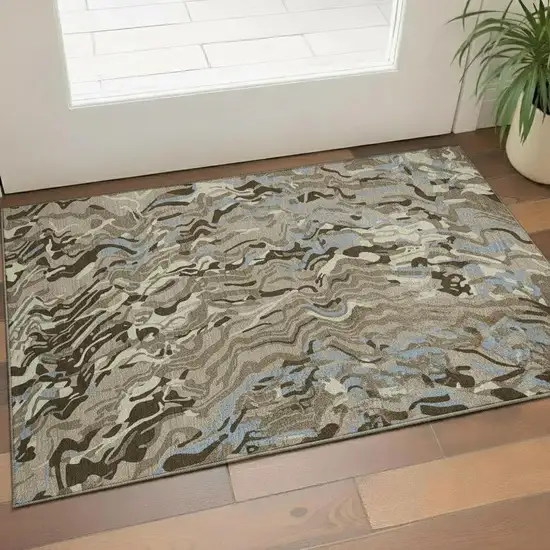Taupe Sky Blue And Beige Abstract Washable Area Rug With UV Protection Photo 2