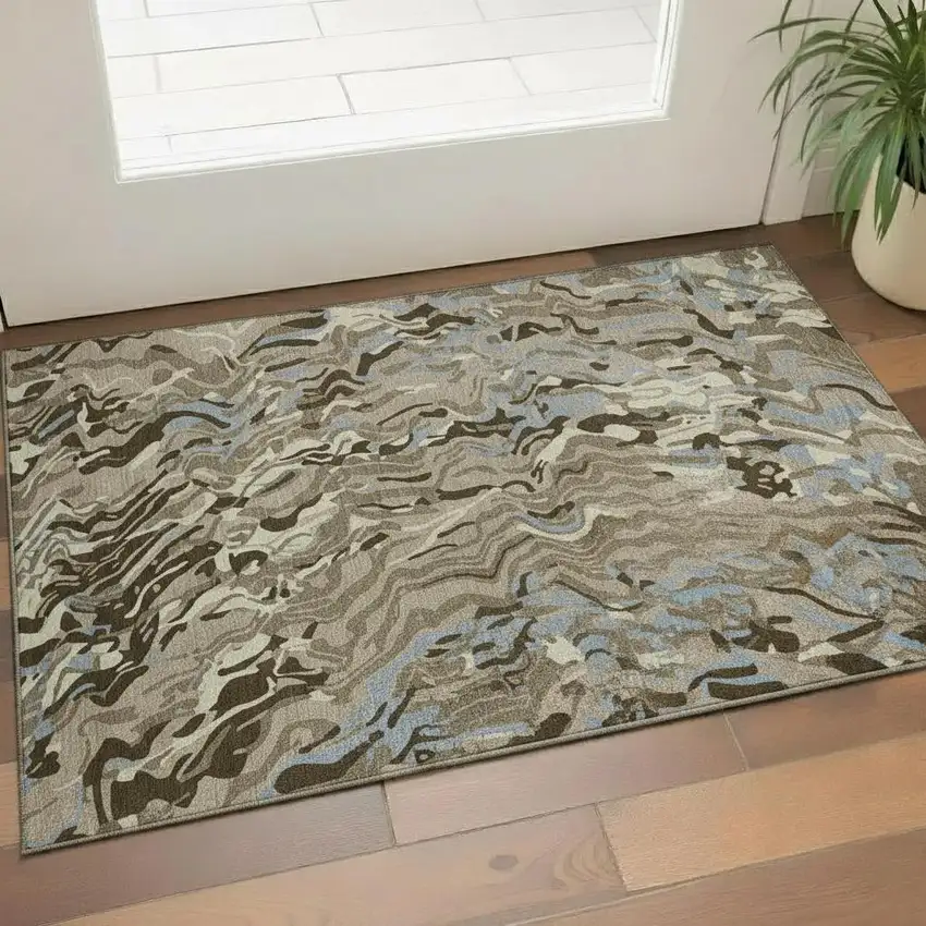 Taupe Sky Blue And Beige Abstract Washable Area Rug With UV Protection Photo 2