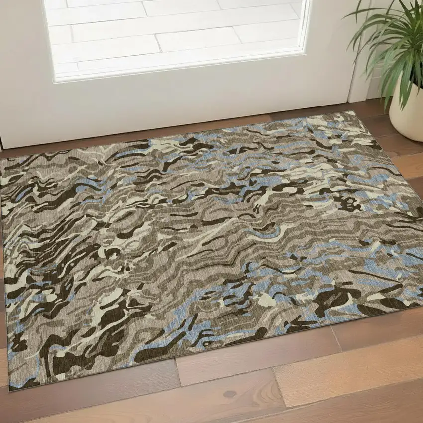 Taupe Sky Blue And Beige Abstract Washable Area Rug With UV Protection Photo 1