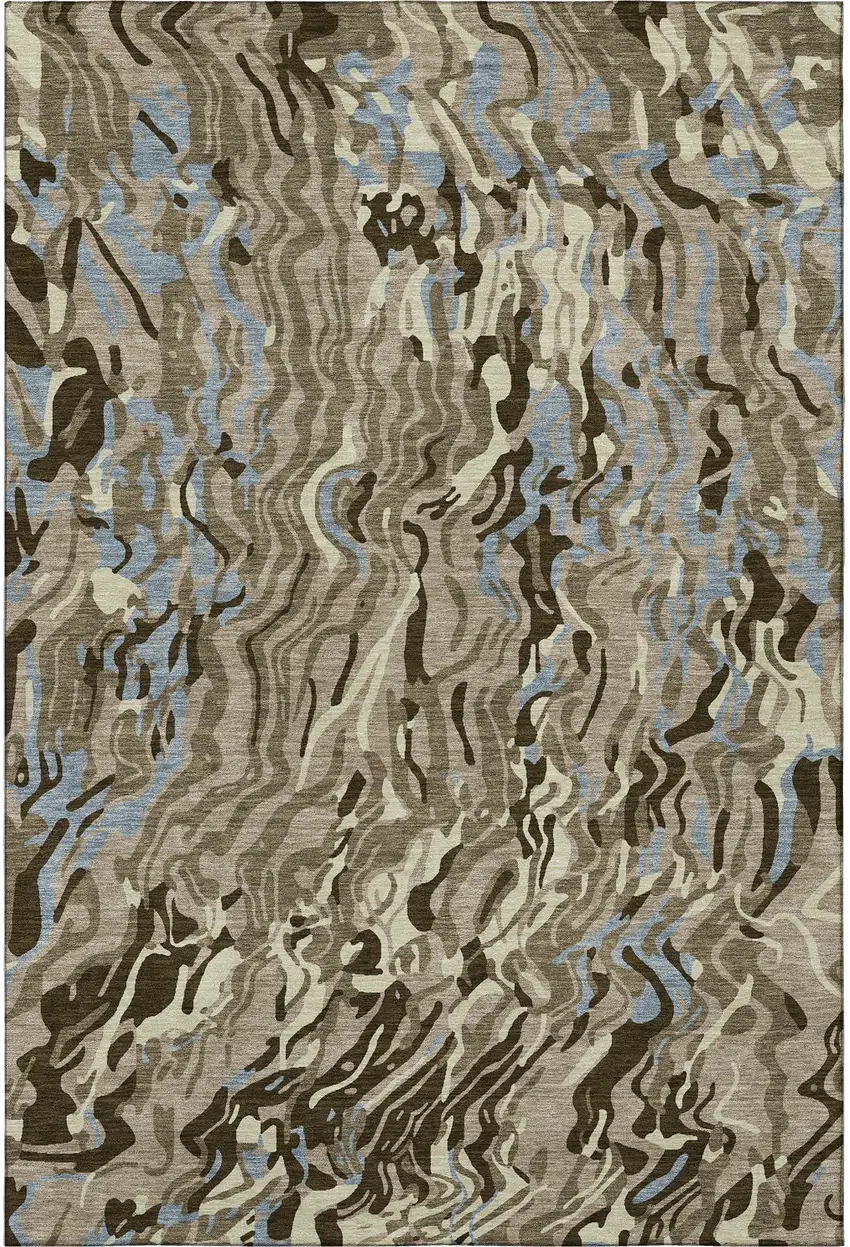 Taupe Sky Blue And Beige Abstract Washable Area Rug With UV Protection Photo 3
