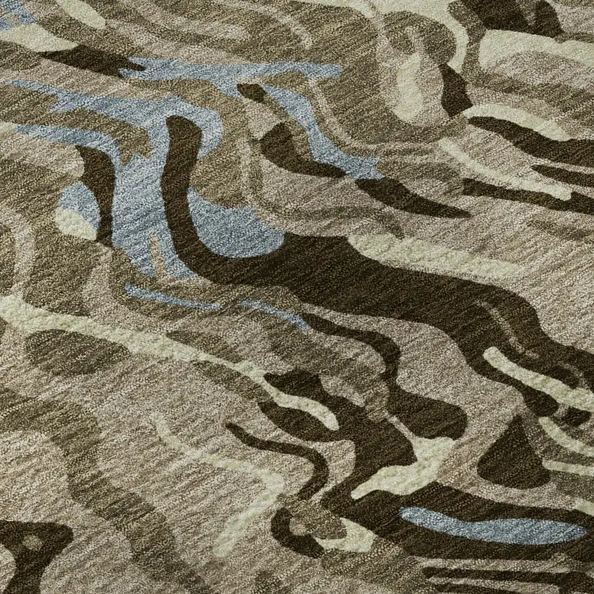 Taupe Sky Blue And Beige Abstract Washable Area Rug With UV Protection Photo 9