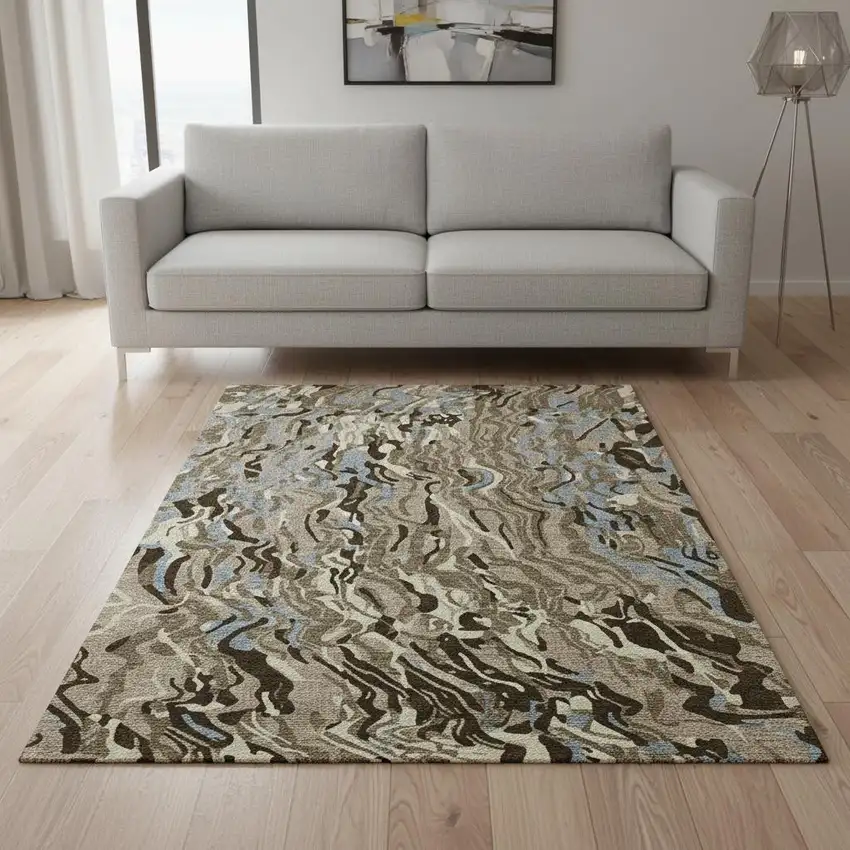 Taupe Sky Blue And Beige Abstract Washable Area Rug With UV Protection Photo 2