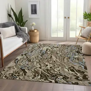 Photo of Taupe Sky Blue And Beige Abstract Washable Area Rug With UV Protection
