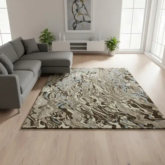 Taupe Sky Blue And Beige Abstract Washable Area Rug With UV Protection Photo 2
