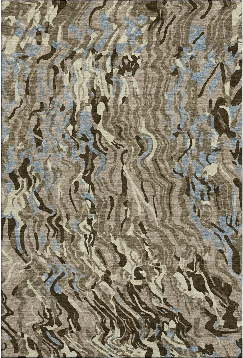 Taupe Sky Blue And Beige Abstract Washable Area Rug With UV Protection Photo 1