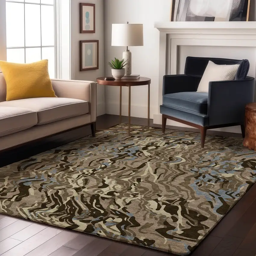 Taupe Sky Blue And Beige Abstract Washable Area Rug With UV Protection Photo 4