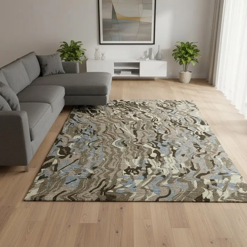 Taupe Sky Blue And Beige Abstract Washable Area Rug With UV Protection Photo 2