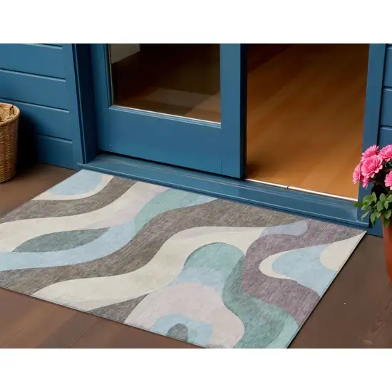 Taupe Sky Blue And Ivory Abstract Washable Indoor Outdoor Area Rug Photo 2