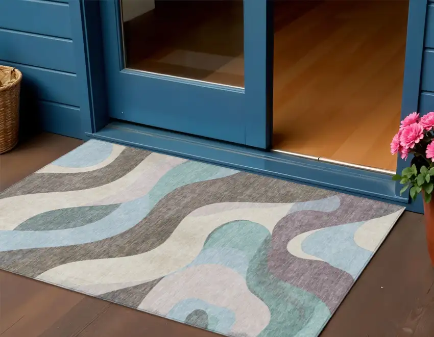 Taupe Sky Blue And Ivory Abstract Washable Indoor Outdoor Area Rug Photo 2