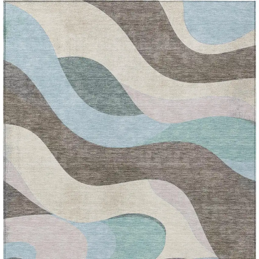 Taupe Sky Blue And Ivory Abstract Washable Indoor Outdoor Area Rug Photo 6