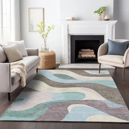 Taupe Sky Blue And Ivory Abstract Washable Indoor Outdoor Area Rug Photo 9