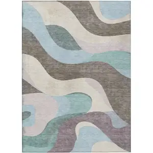 Photo of Taupe Sky Blue And Ivory Abstract Washable Indoor Outdoor Area Rug