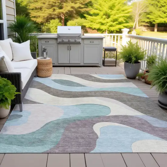 Taupe Sky Blue And Ivory Abstract Washable Indoor Outdoor Area Rug Photo 9