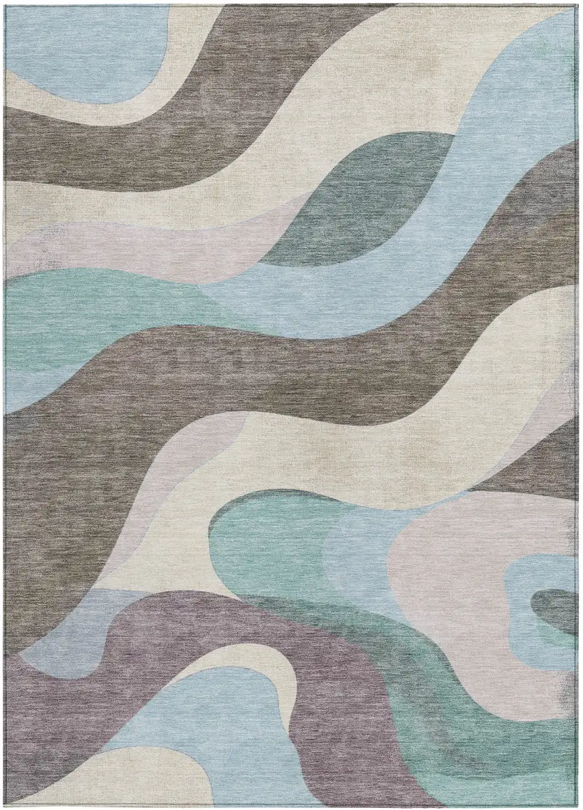 Taupe Sky Blue And Ivory Abstract Washable Indoor Outdoor Area Rug Photo 4