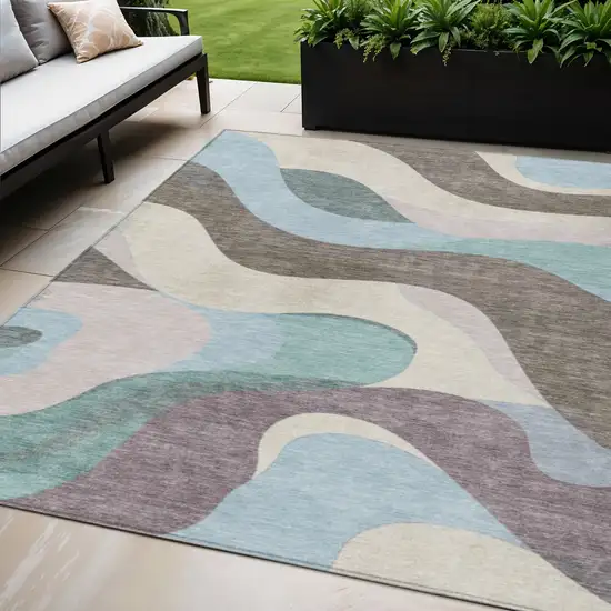 Taupe Sky Blue And Ivory Abstract Washable Indoor Outdoor Area Rug Photo 2