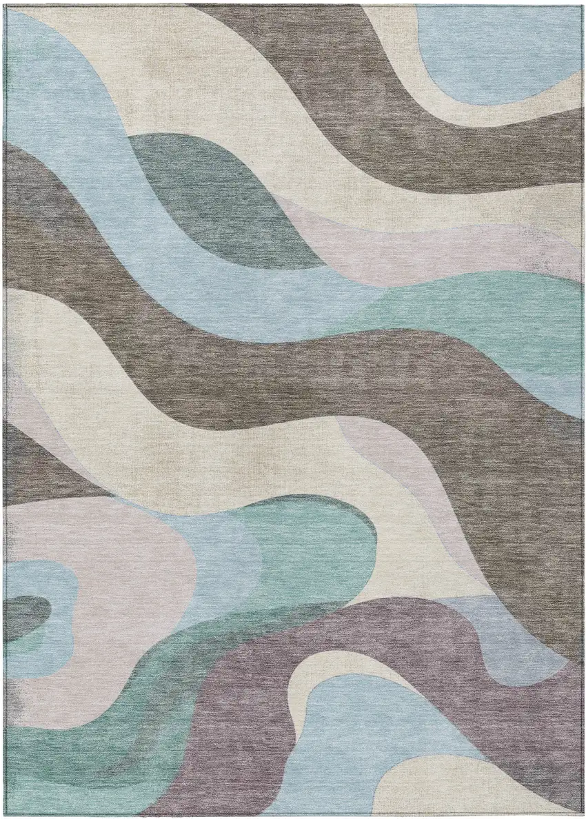 Taupe Sky Blue And Ivory Abstract Washable Indoor Outdoor Area Rug Photo 1