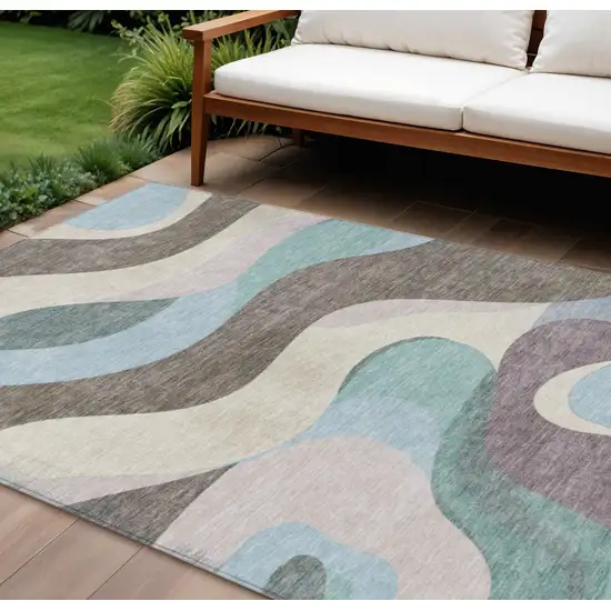 Taupe Sky Blue And Ivory Abstract Washable Indoor Outdoor Area Rug Photo 2