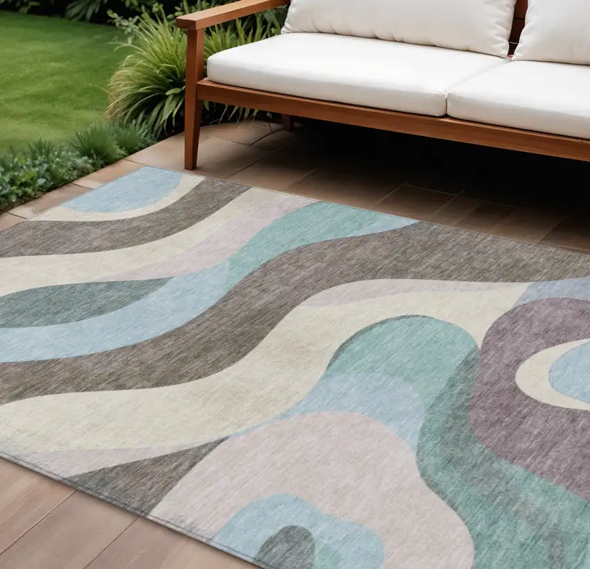 Taupe Sky Blue And Ivory Abstract Washable Indoor Outdoor Area Rug Photo 2