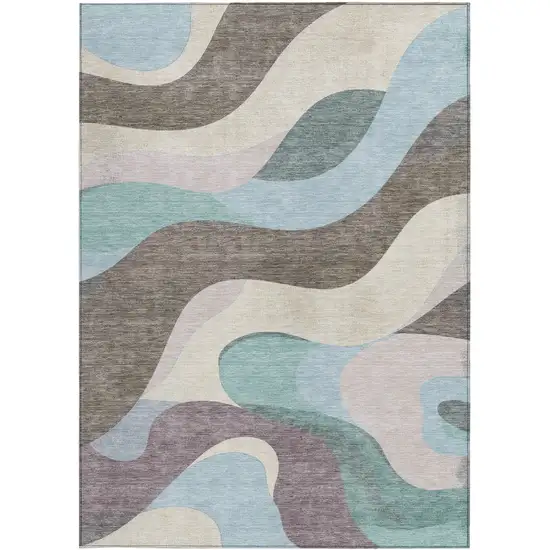 Taupe Sky Blue And Ivory Abstract Washable Indoor Outdoor Area Rug Photo 3