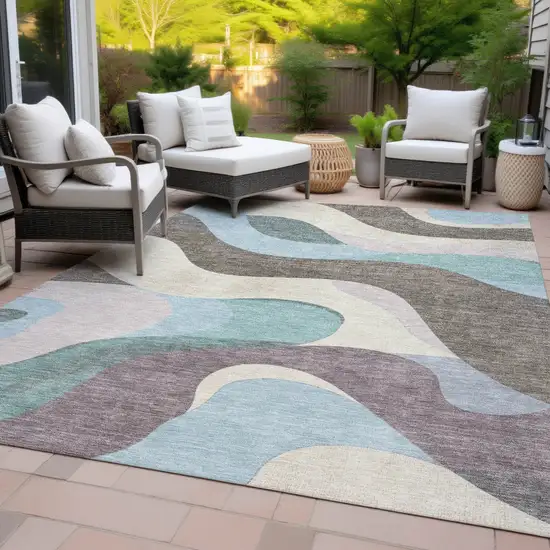 Taupe Sky Blue And Ivory Abstract Washable Indoor Outdoor Area Rug Photo 9