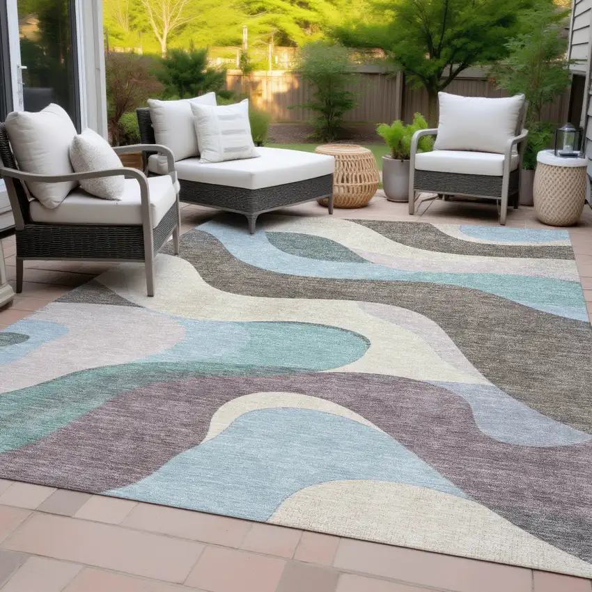 Taupe Sky Blue And Ivory Abstract Washable Indoor Outdoor Area Rug Photo 9