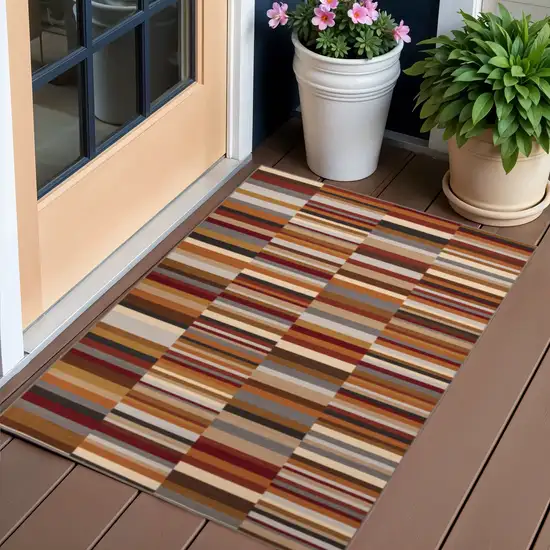 Taupe Striped Stain Resistant Non Skid Indoor Outdoor Area Rug Photo 1