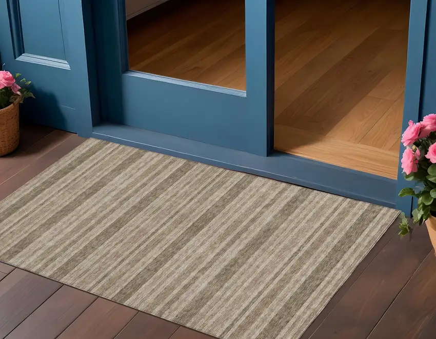 Taupe Striped Washable Indoor Outdoor Area Rug Photo 1