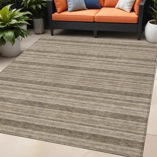 Taupe Striped Washable Indoor Outdoor Area Rug Photo 1