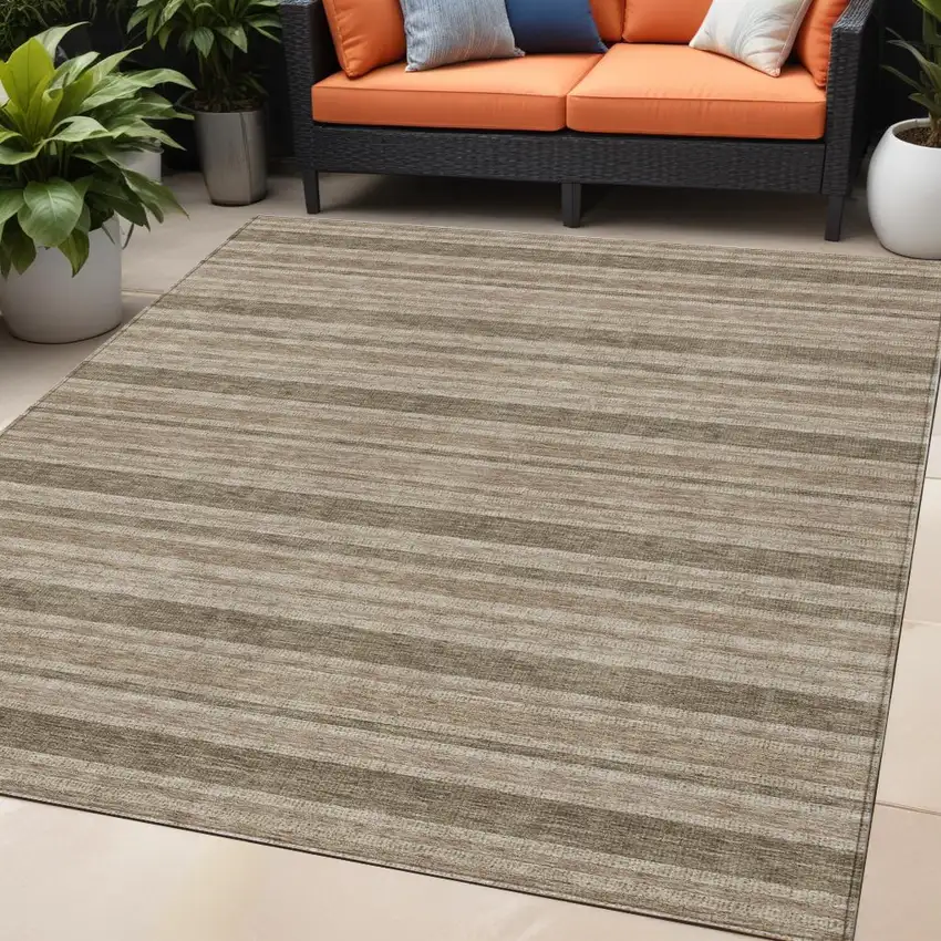 Taupe Striped Washable Indoor Outdoor Area Rug Photo 1