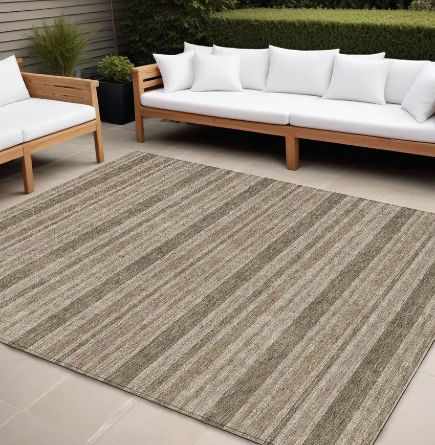 Taupe Striped Washable Non Skid Indoor Outdoor Area Rug Photo 1