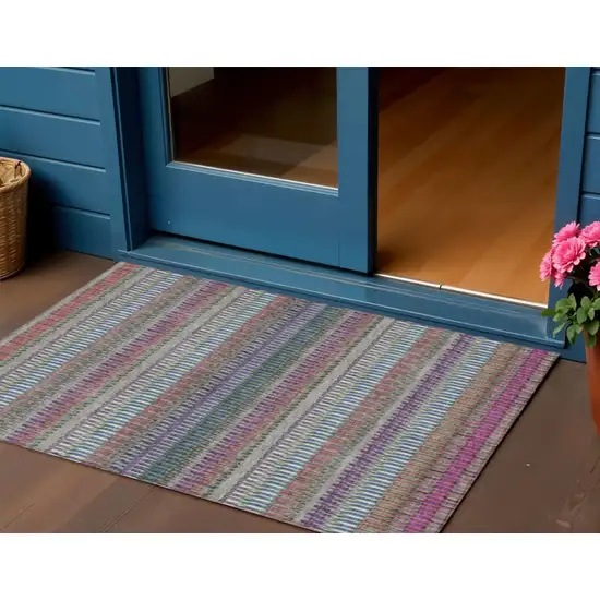 Taupe Purple And Blue Striped Washable Indoor Outdoor Area Rug Photo 1
