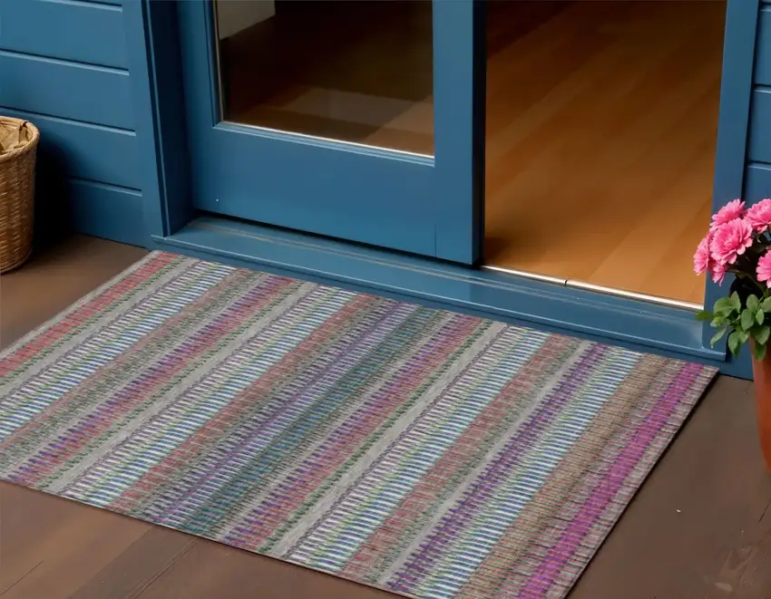 Taupe Purple And Blue Striped Washable Indoor Outdoor Area Rug Photo 1