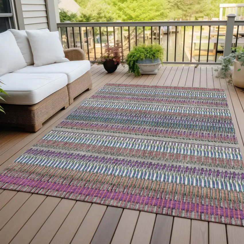 Taupe Purple And Blue Striped Washable Indoor Outdoor Area Rug Photo 9