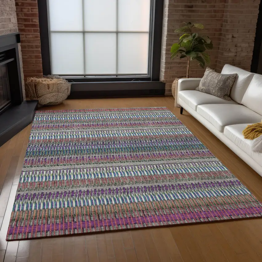 Taupe Purple And Blue Striped Washable Indoor Outdoor Area Rug Photo 8