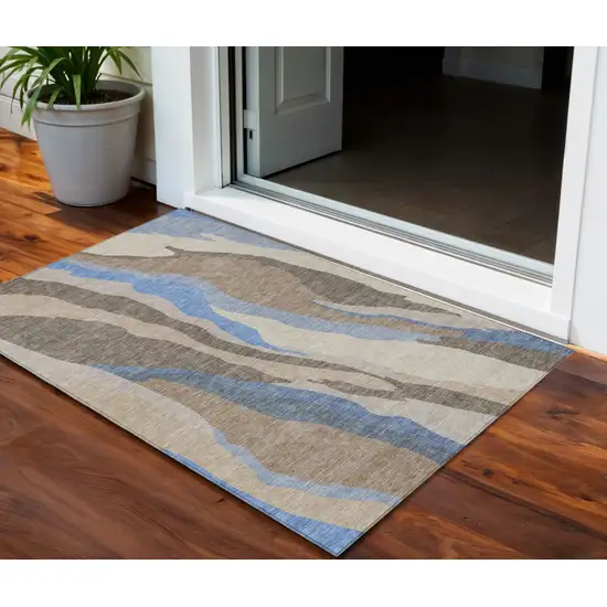Taupe Tan And Blue Abstract Washable Indoor Outdoor Area Rug Photo 1