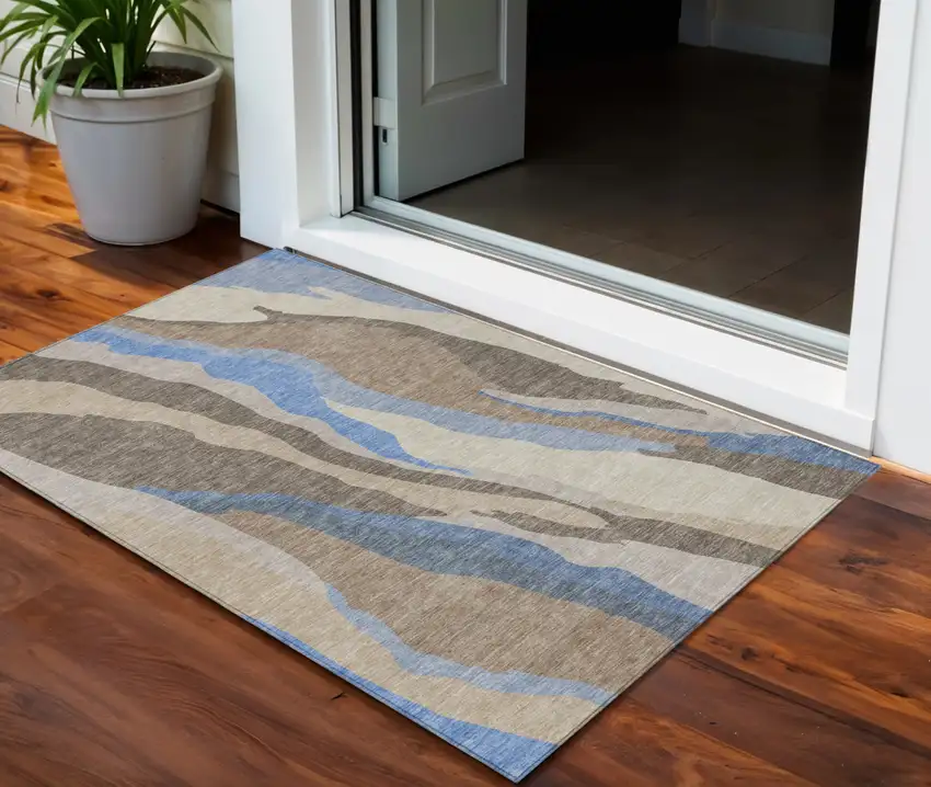 Taupe Tan And Blue Abstract Washable Indoor Outdoor Area Rug Photo 1