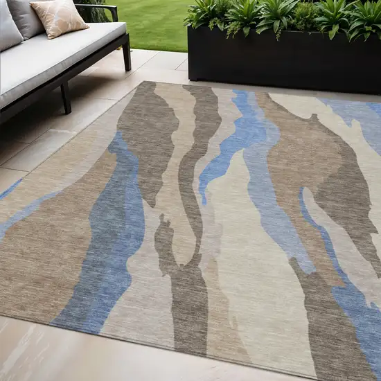 Taupe Tan And Blue Abstract Washable Indoor Outdoor Area Rug Photo 1